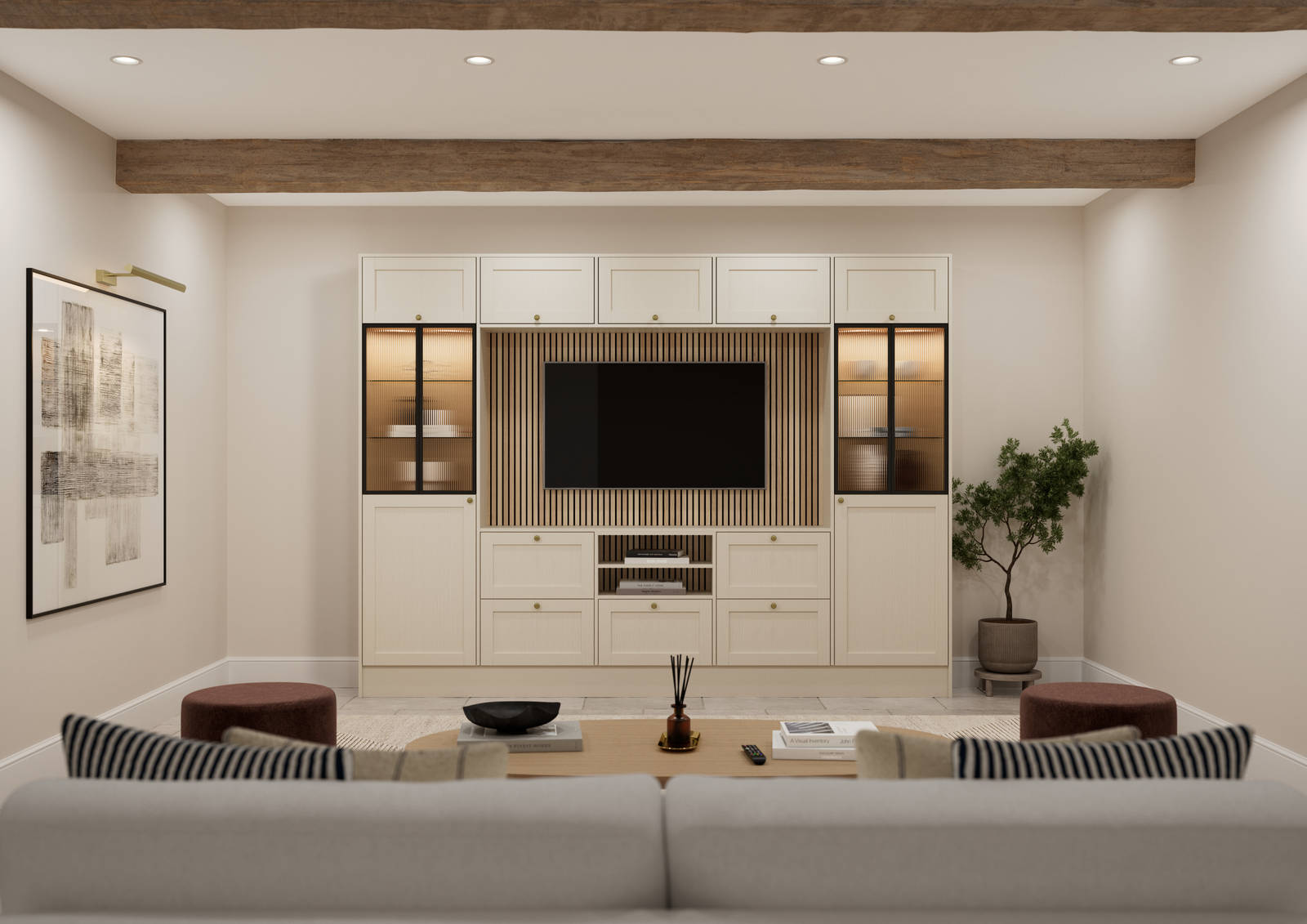 Media wall with Ambleside Shaker style cabinets, with sleek and modern frame width in the beige neutral cream shade Sand and fluted glass black aliminum framed vitrine.