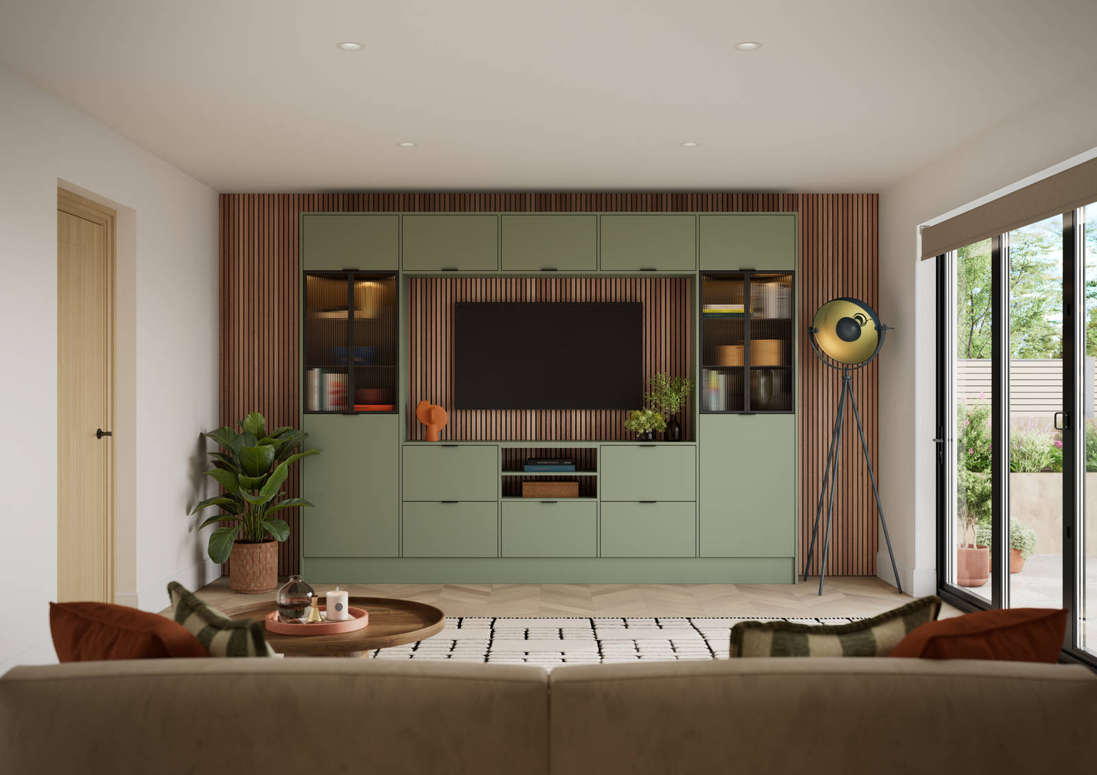 Media wall with modern slag-door contemporary Ascoli Woodland Green cabinetry with vitrine cabinets, fluted glass amd wood wall panelling.