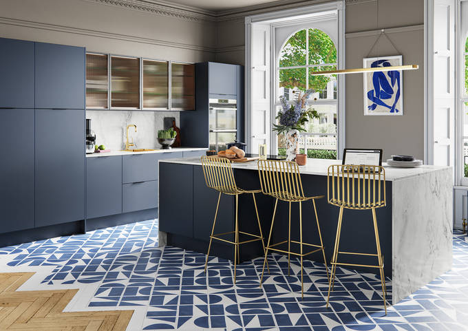 Hoxton kitchen. Smooth slab doors in a painted effect finish. Minimalist styling with your choice of handles and three colours.