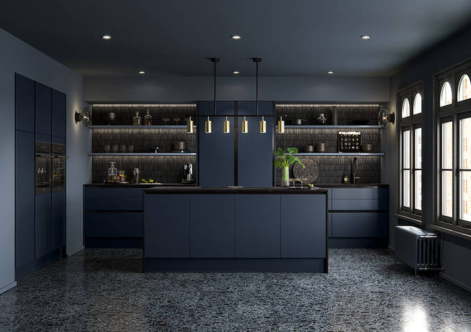 Integra Hoxton Kitchen from Magnet available in metallic midnight blue. Smooth slab doors and a painted effect finish.
