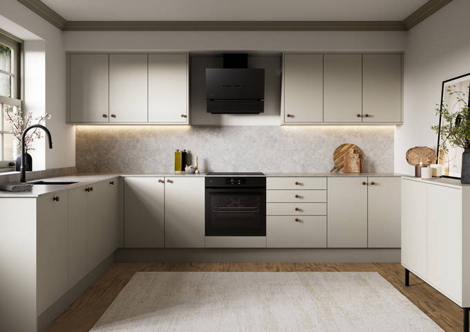 Modern slab kitchen Ascoli in neutral shade Limestone with brass knobs and black tap