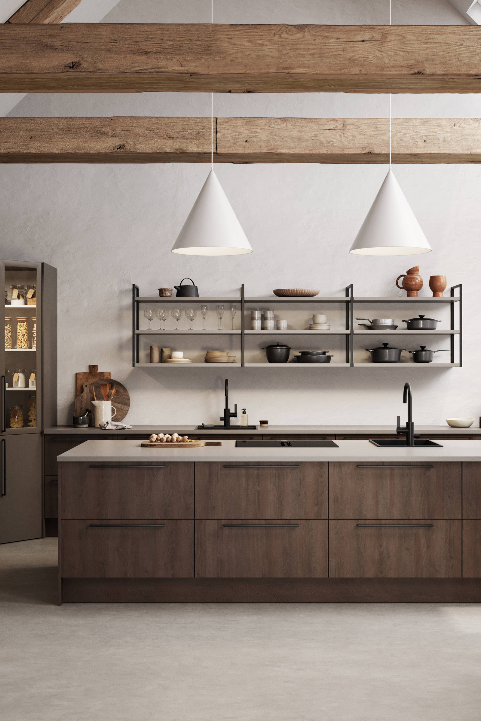 Kök Malevik brun i MFC med liggande trästruktur i kombo med målad kökslucka Arkitekt plus Bark- Marbodal