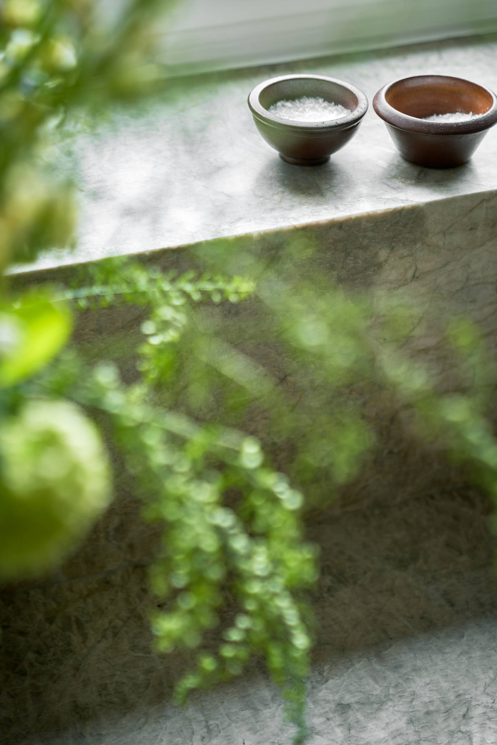 Gröna köket Arkitekt plus i kulören Tall med en vedspis och bänkskiva i kvartsit