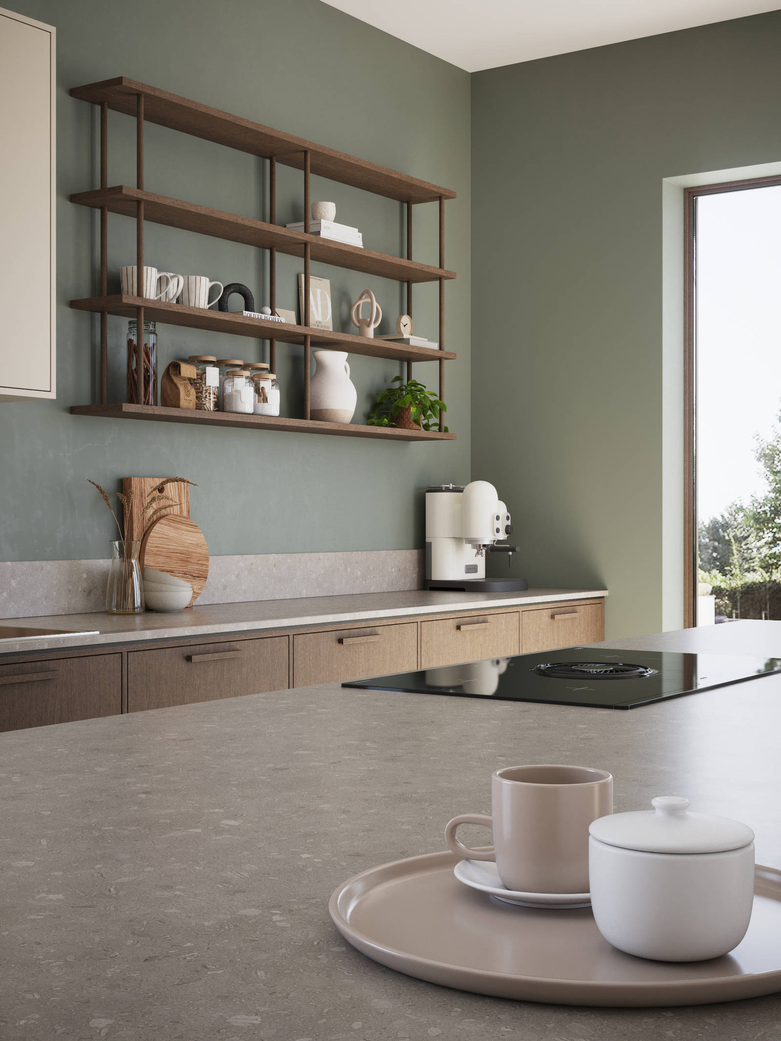 Norema kjøkken Design Akse areal beige kjøkkenøy åpne hyller