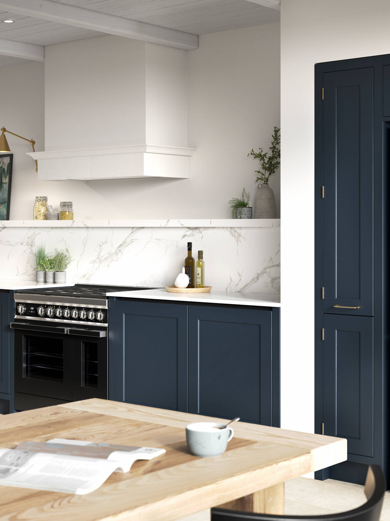 Open plan Shaker style kitchen in shade Midnight, with integrated handles, and an American fridge-freezer.