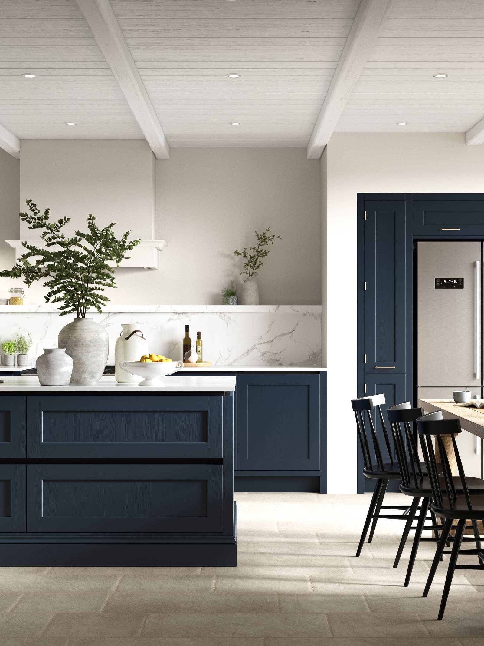 Open plan kitchen with kitchen island. Integra Ludlow is a contemporary take on a Shaker kitchen, with integrated handles.