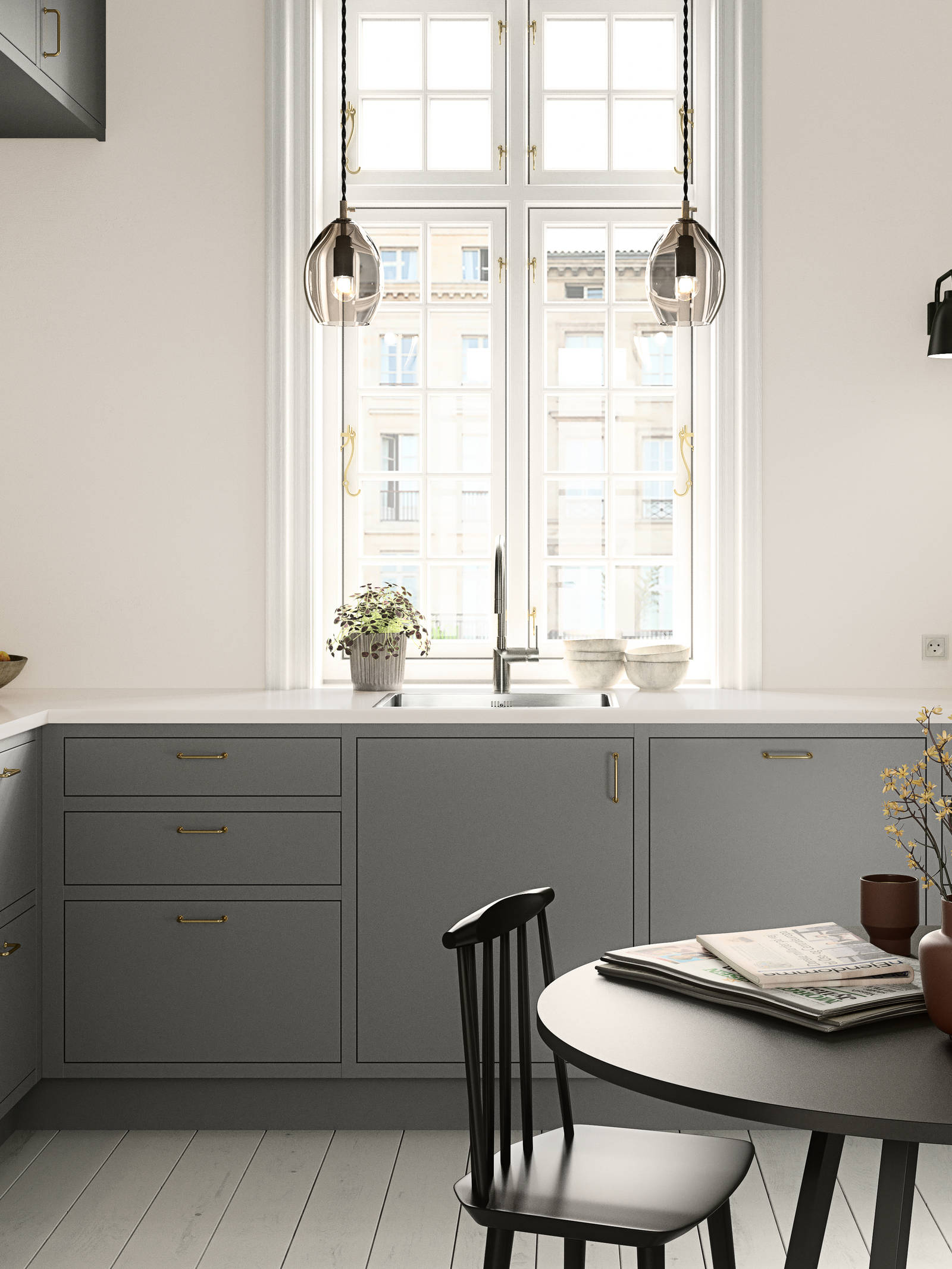 Forrammekøkken Athena Fusion i lys grå farve Sky fra INVITA med grå stein bordplade, rustfrit stål håndtag