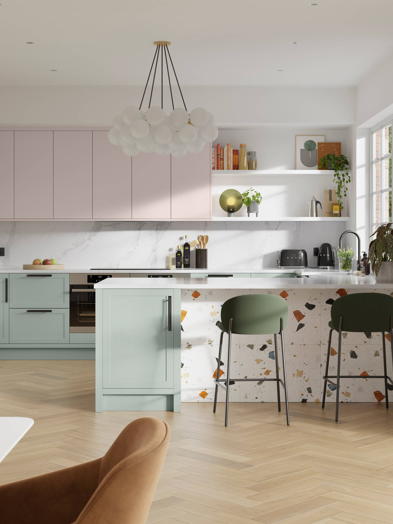 Contemporary kitchen design with Magnets Seagrass Dunham kitchen, its thin frame and smooth painted finish with no visible woodgrain, a kitchen island with breakfast bar and wood herringbone flooring..