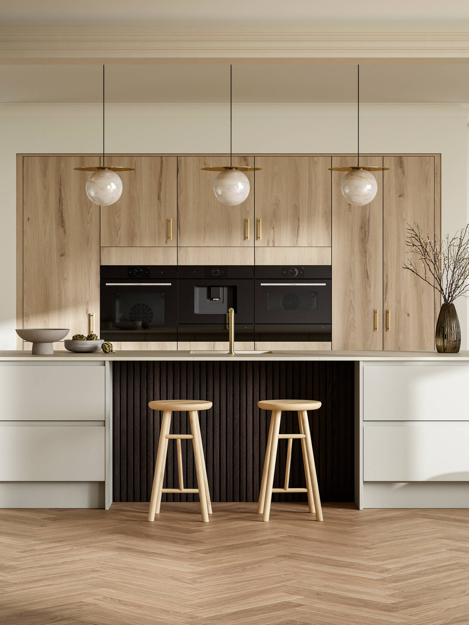 Portobello kitchen cabinets in a light woodgrain are set behind Magnet's Duxbury range in Limestone, creating a light and modern open plan kitchen with a breakfast bar island.