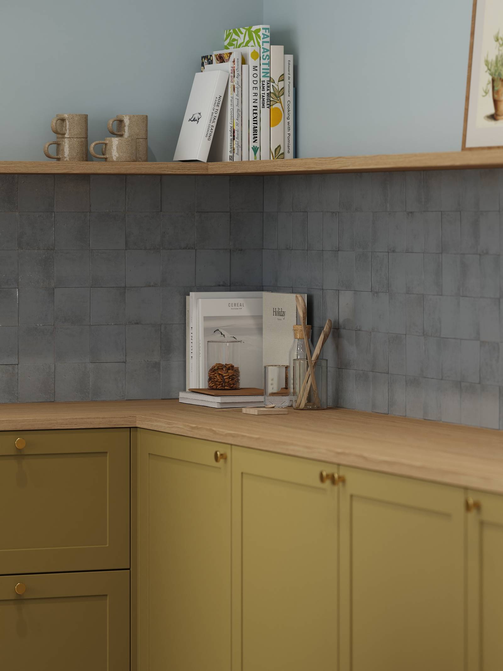 Kjøkken Scala fra Sigdal i farge Støvet Militærgrønn NCS S5030-Y med blekblå fliser, messing grep og lys tre benkeplate