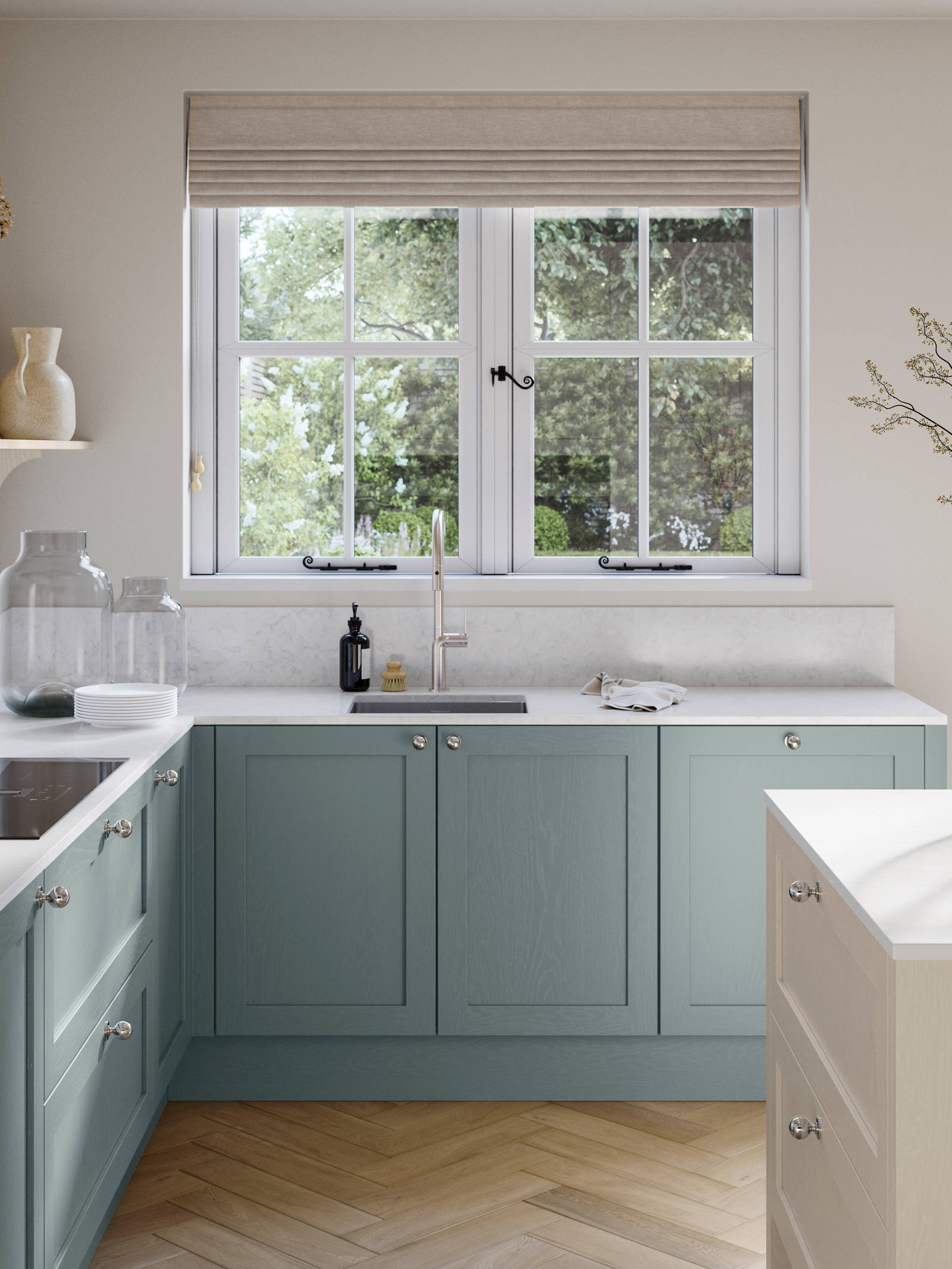 Open floor plan kitchen in light room, with blue Duck egg cabinetry as well as light beige Limestone shade kitchen island and tall cabinetry, matched with stel knobs and windows above sink area.