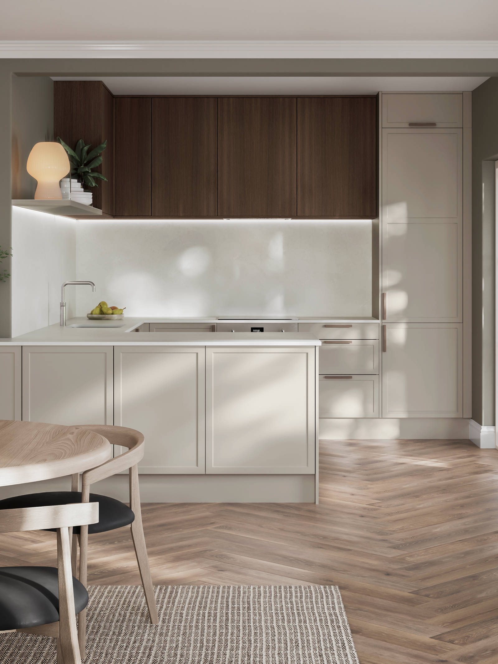 Modern Shaker kitchen Brunswick in light shade Limestone with Nordic Oak wall cabinets,combination of handleless fronts and oak handles, worktop and matching splashback in Silestone quartz Nolita, open plan living room layout with light wood dining table and sideboard.