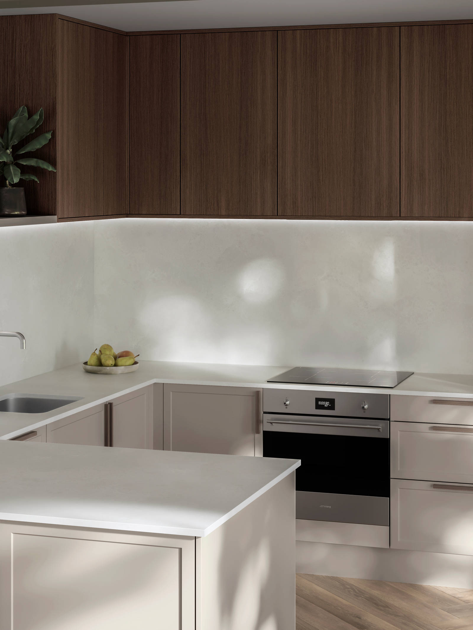 Modern Shaker kitchen Brunswick in light shade Limestone with Nordic Oak wall cabinets, matched with oak handles, compact Smeg induction hob, worktop and matching splashback in Silestone quartz Nolita.