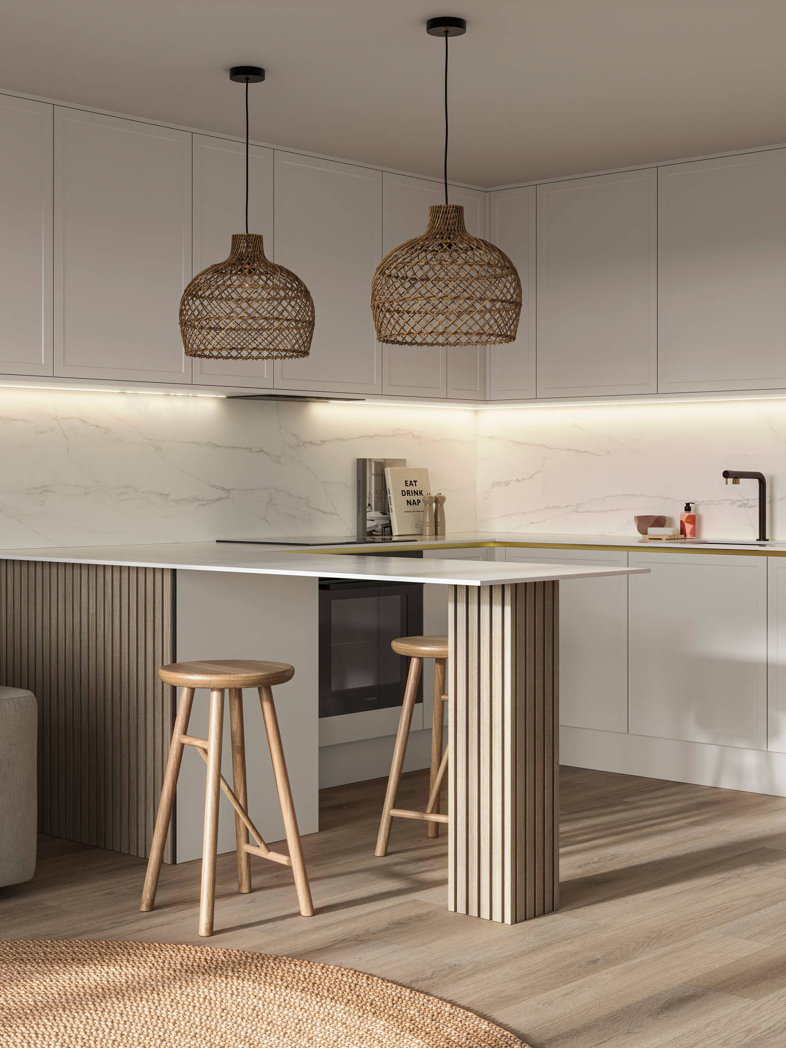 Handleless Wabi sabi inspired Integra Brunswick Limestone kitchen combined with living area, wood barstools for breakfast bar, natural materials, Euros oak flooring.