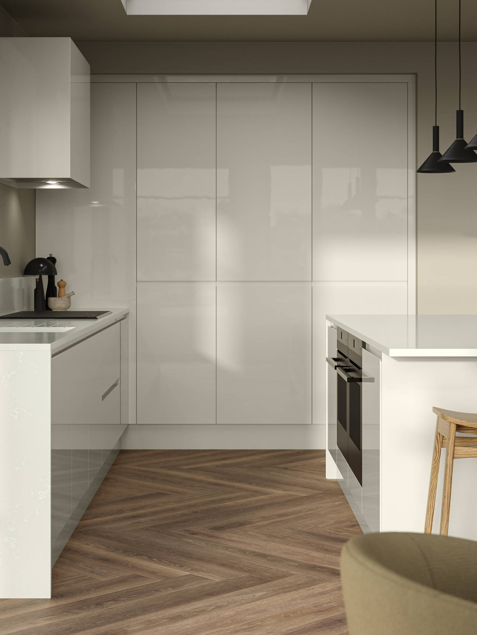 Corner of Luna Gloss Limestone kitchen with tall cabinets, kitchen island featuring an integrated oven, a breakfast bar with wood stools, a black tap and white extractor hood, Amtico smouldered oak in parquet flooring.