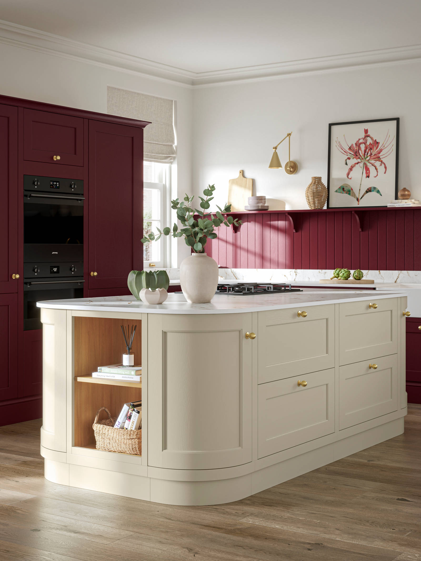 Traditional Shaker-style tactile woodgrain Ludlow kitchen in bold shade Morello with matching wall panel and shelves, brass accents such as knobs and brass tap, a white ceramic sink, Ludlow parchment kitchen island with open end shelves and dusty oak vinyl flooring.