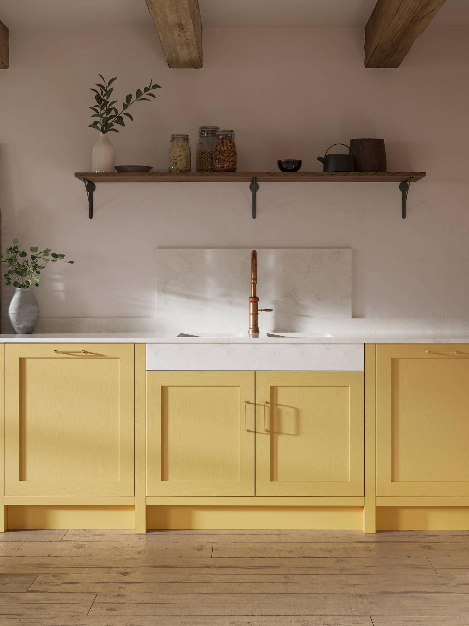 Shaker kitchen in the bright and beautiful yellow shade Harvest, paired with open wooden shelf and a marbled worktop.
