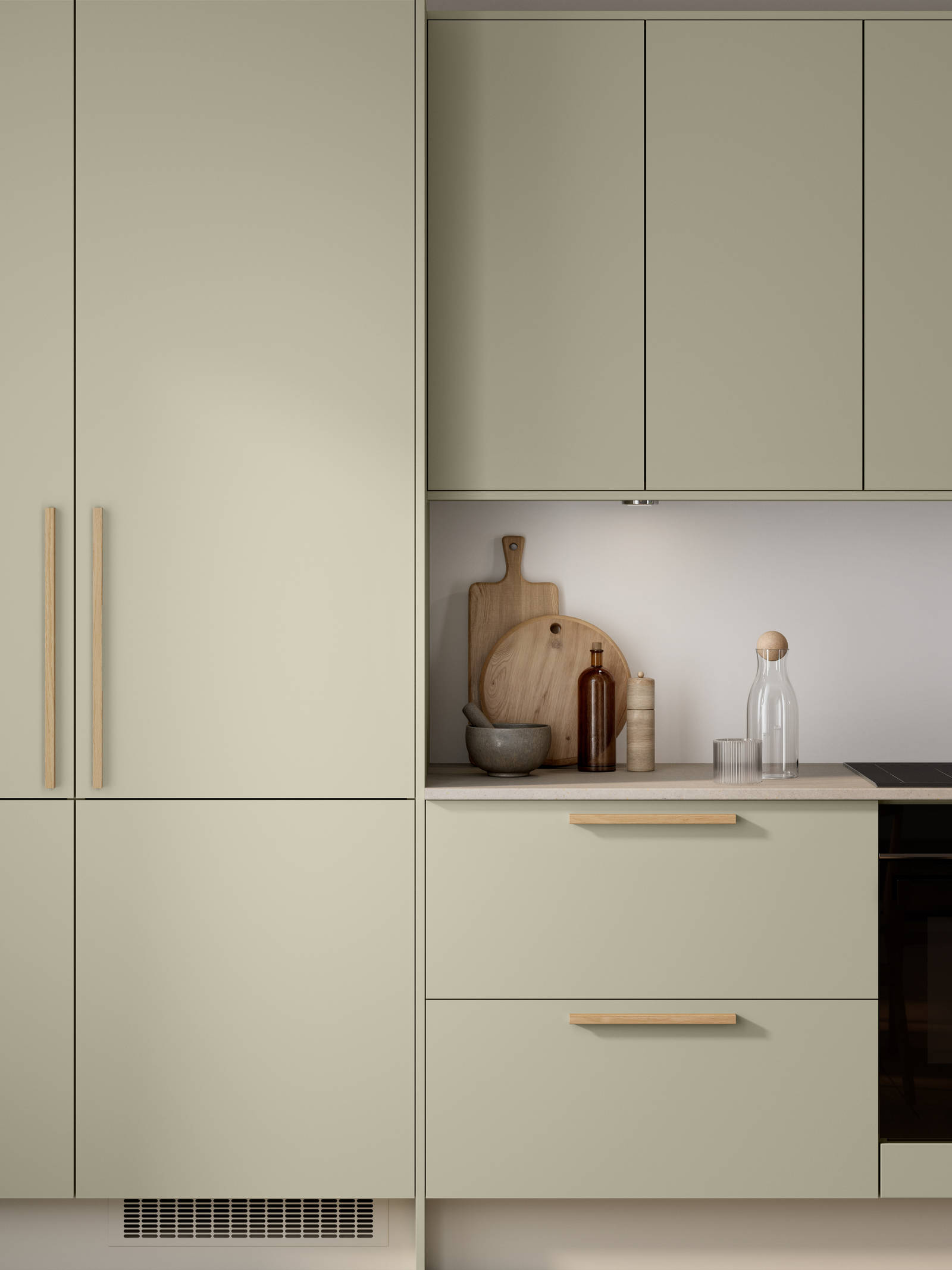 Mat og silkeblødt laminatkøkken Cover i Soft laminat med køkkenø fra INVITA med et seamless udtryck i farve Mos