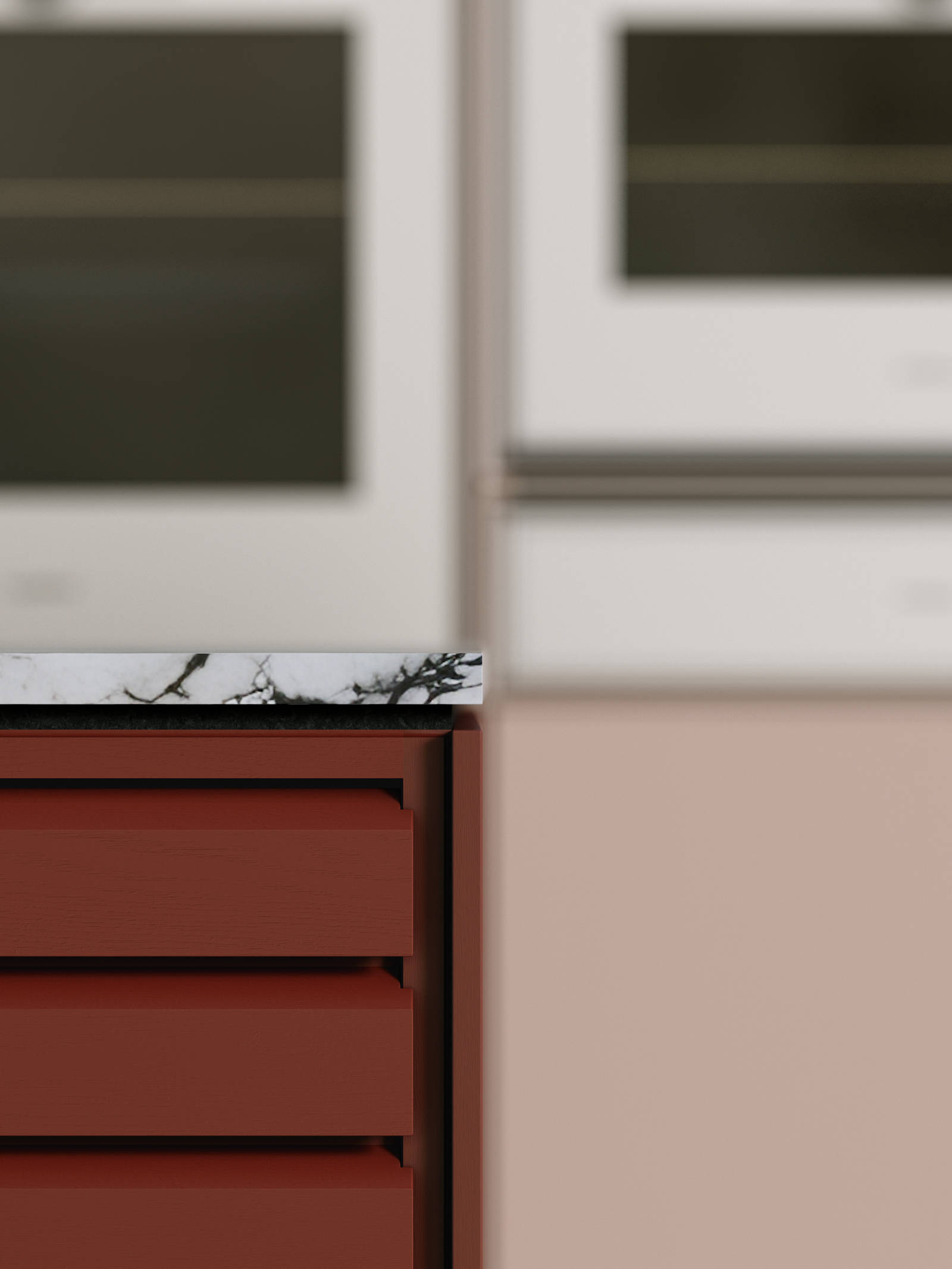 En stilfull köksö i Burgundy Red, vackert kombinerad med Dusty Rose-skåp och en elegant bänkskiva i natursten