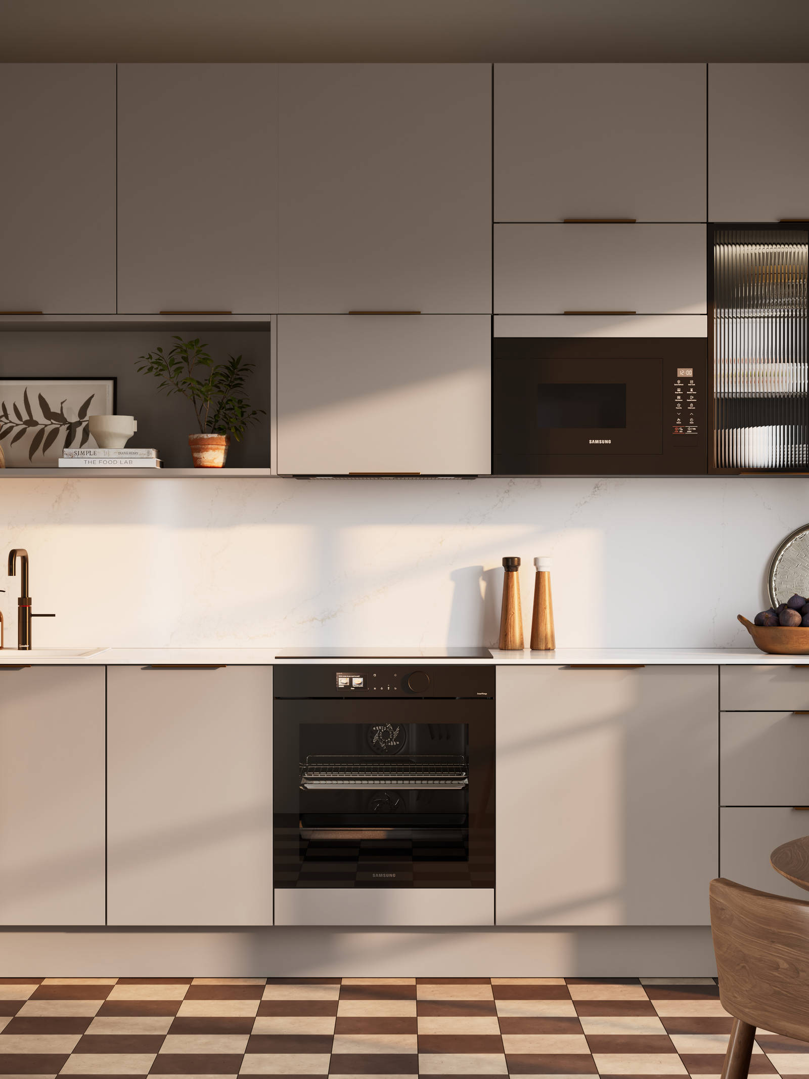 Modern slab front Soho Cornish Clay kitchen from Magnet in Pantone’s colour of the year ‘Mocha Mousse’ with bronze trim handles, handles, silestone quartz worktop and matching backsplash, checkered flooring.