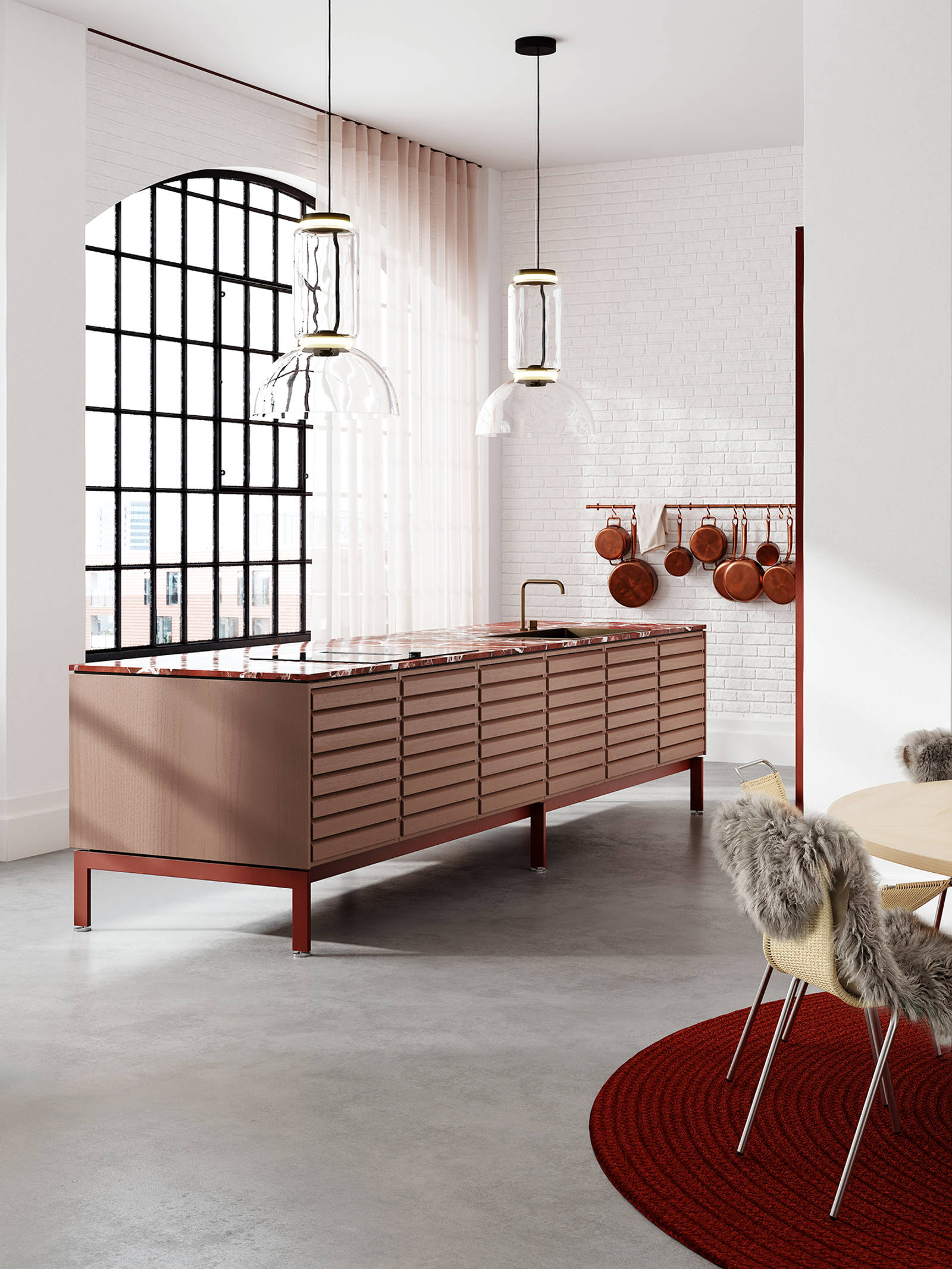 Nye farver til dit køkken? Rosa køkkenø med Burgundy Red benstel