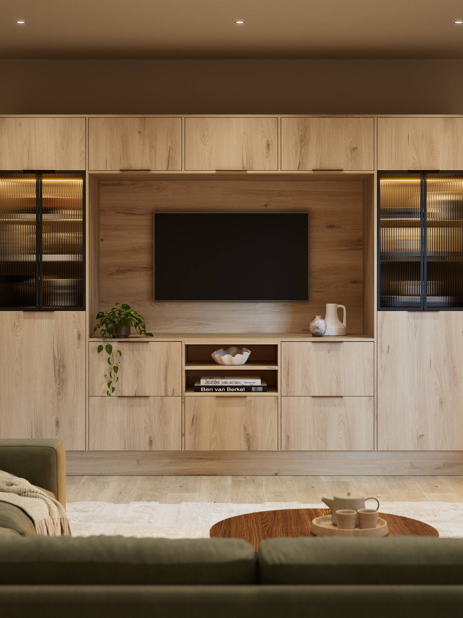 Media wall with Portobello Italian-made woodgrain textured cabinets and fluted glass black aliminum framed vitrine.