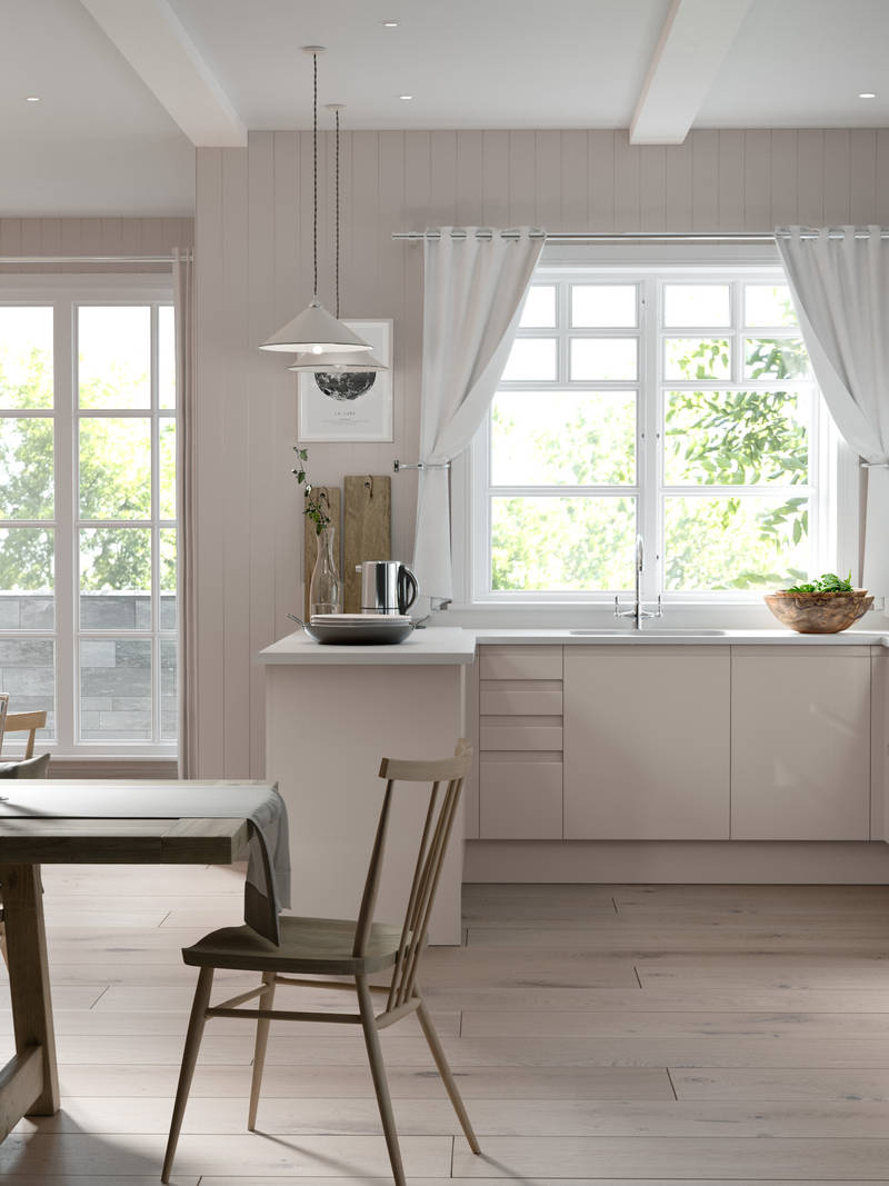 Luna Kitchen from Magnet. An affordable handless look with integrated J Pull doors for a stylish and modern look.