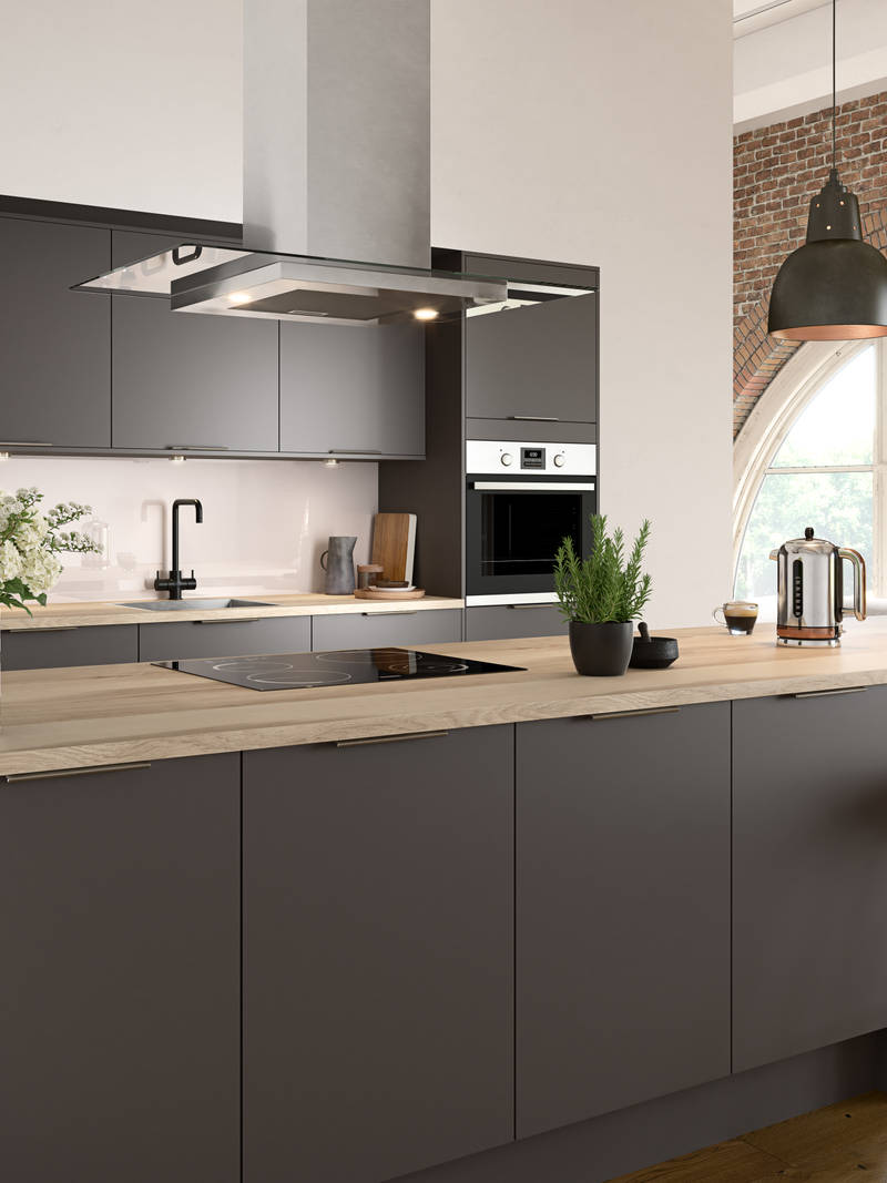 Nova by Magnet. Affordable slab door kitchen available in matt and super glass. 6 colours to choose from.