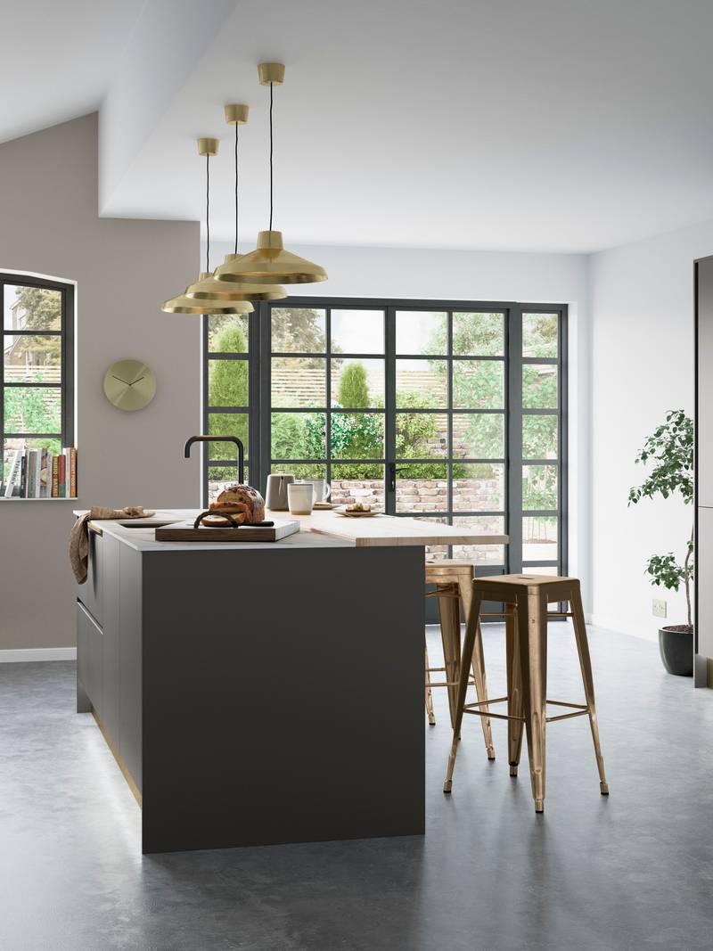 Integra Nova by Magnet. Matt finished handless option with trim brushed in aluminium for a high end feel.