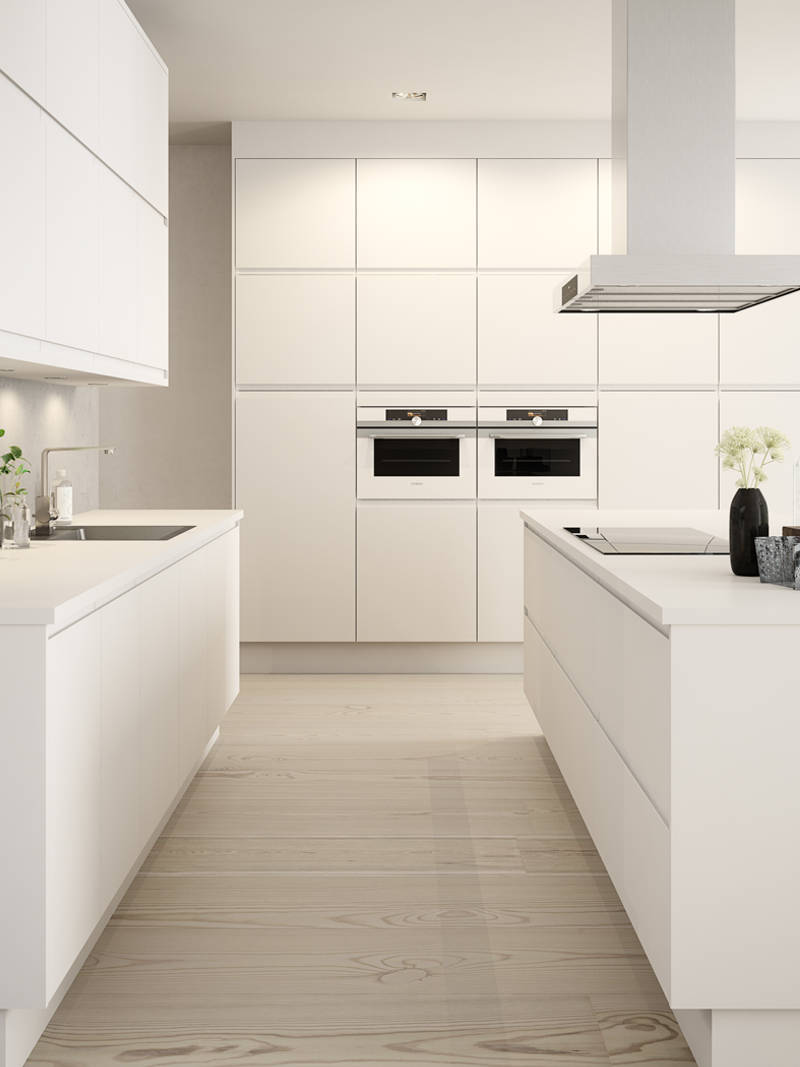 Herlig trendkjøkken med slette fronter og innfreste grep, som markerer modellens linjerene design. Horisont kjennetegnes av en klar og kjølig friskhet, noe som representerer ny nordisk design på sitt beste.