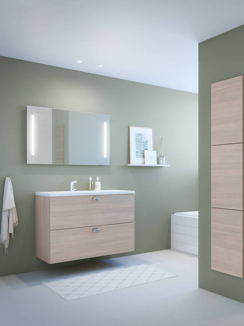 Baderomsmodell med slette fronter med liggende trestruktur.