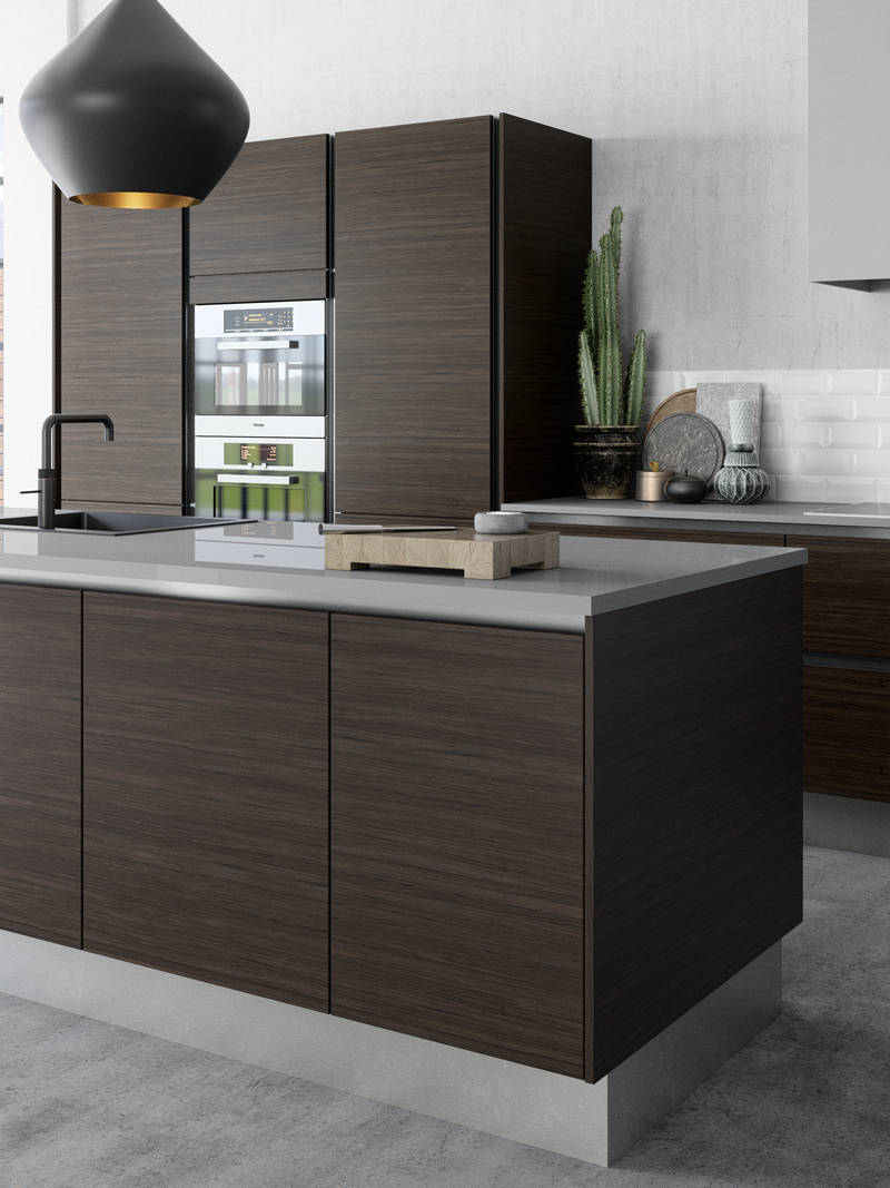 Exklusivt mørkt træ køkken med køkkenø Dark nature fra INVITA med vandret årestruktur fremstillet af bredygtigt træ