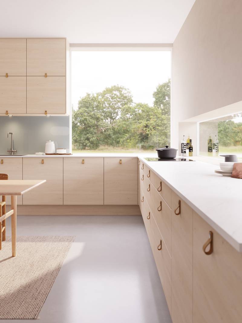 Norema kjøkken Trapes ask moderne lyst kjøkken kjøkken med skinnhåndtak hyttekjøkken