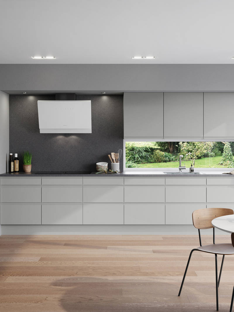 Norema kjøkken Basic Collection Hisøy lys grå grep moderne kjøkken innfreste grep flatpakket kjøkken