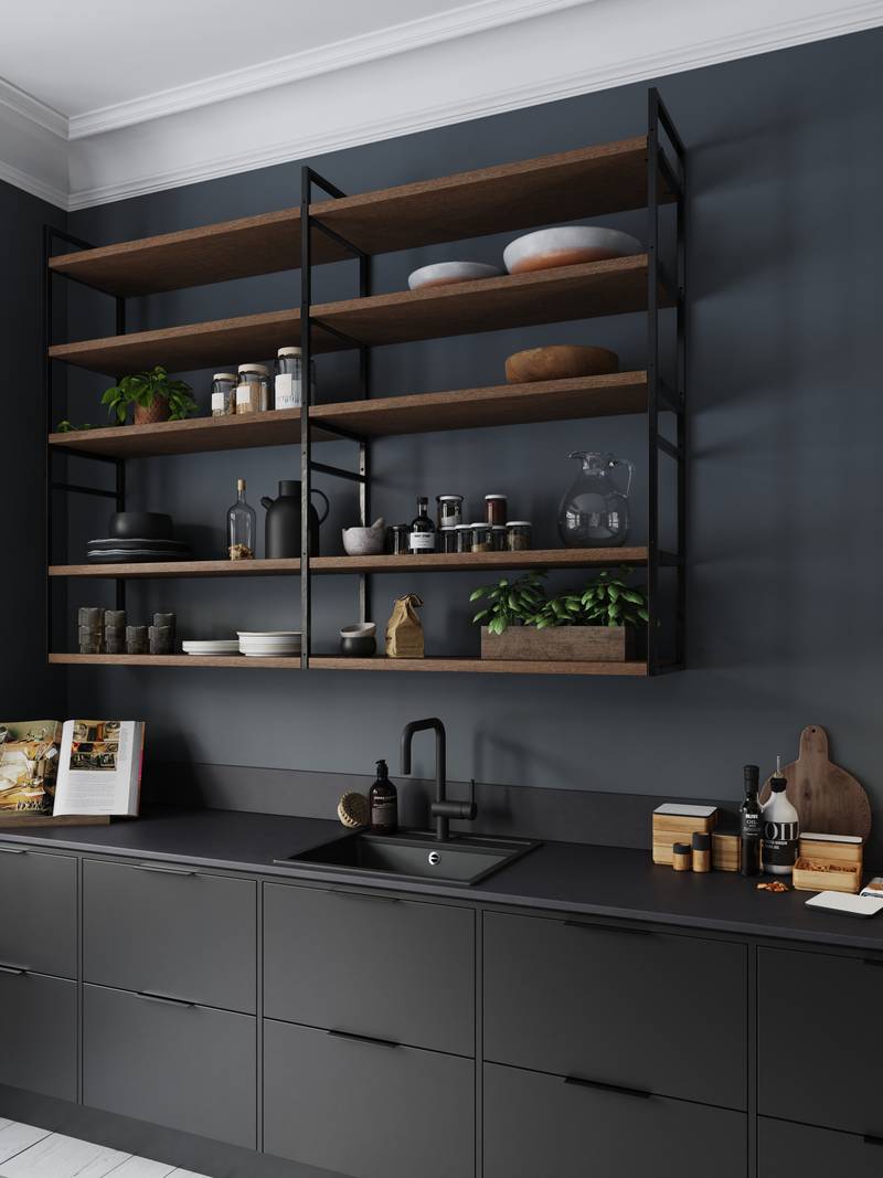Norema kjøkken Design Akse areal mørk grå åpne hyller