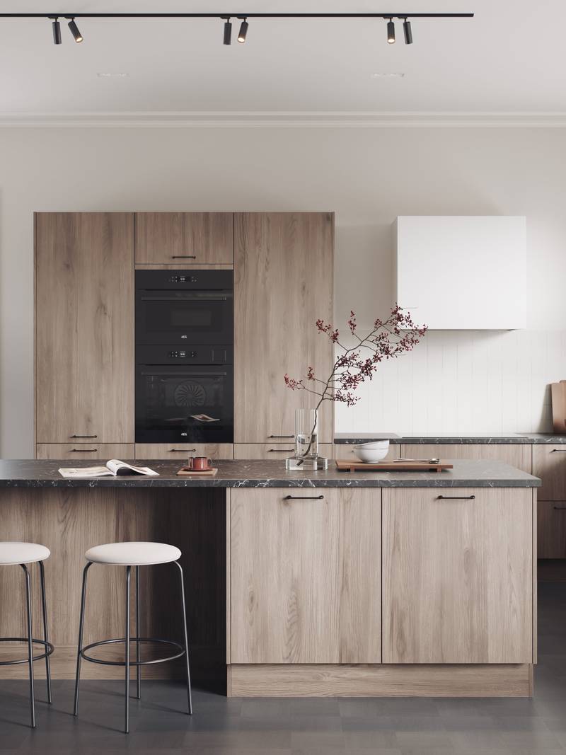 Moderni keittiömalli, jossa sileät ja kestävät melamiinipinnoitetut etuosat pystysuorassa puurakenteessa