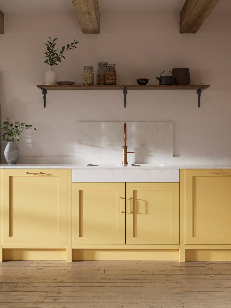 Shaker kitchen in the bright and beautiful yellow shade Harvest, paired with open wooden shelf and a marbled worktop.