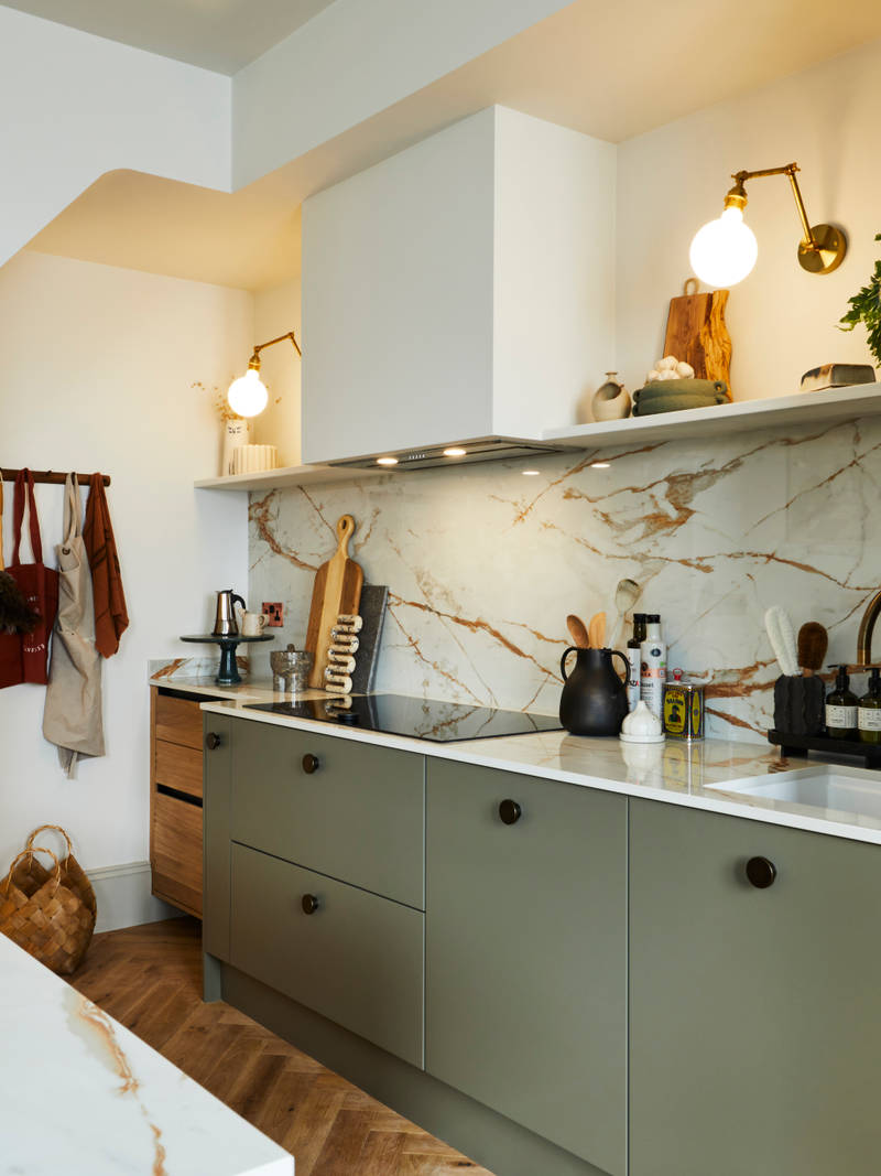 Modern slab Soho cabinets in the Balmoral colour, a soft beige green tone