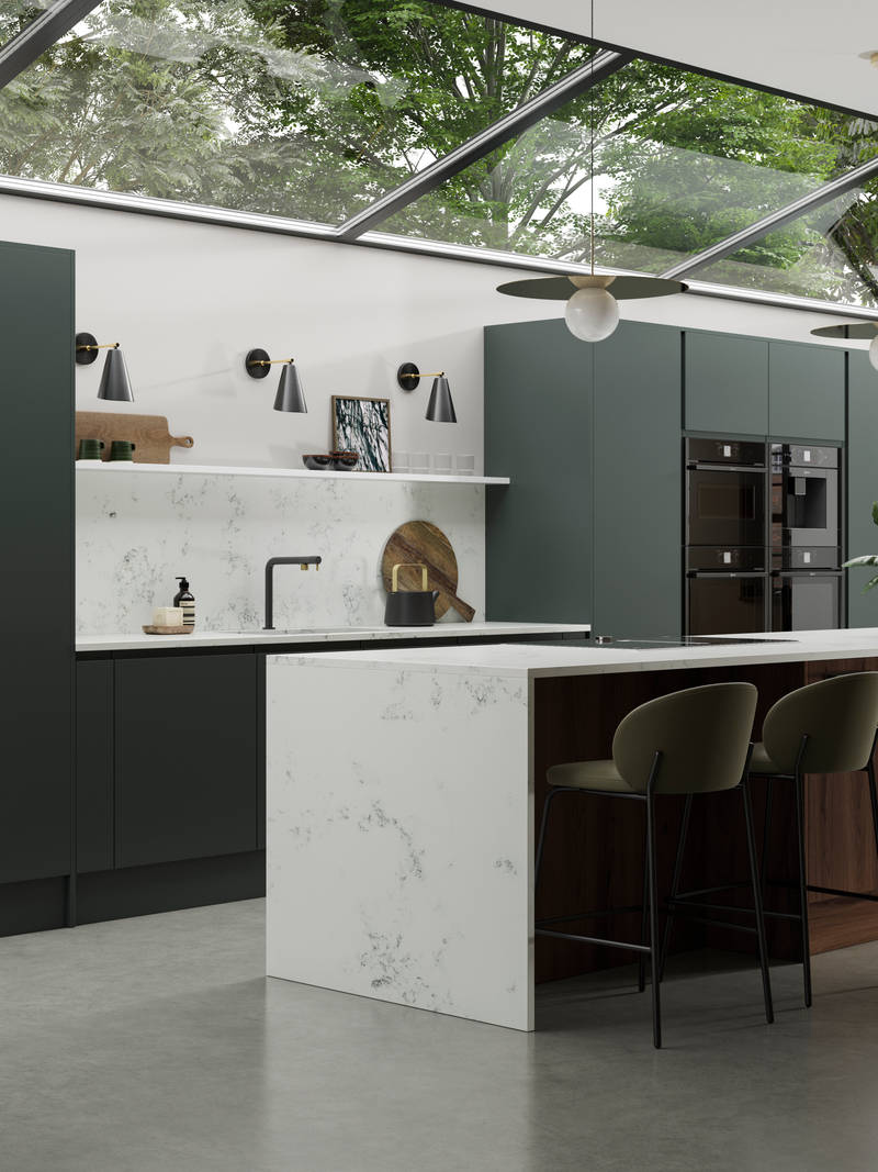 An open plan Magnet kitchen, showcasing our modern Duxbury range in Arboretum.