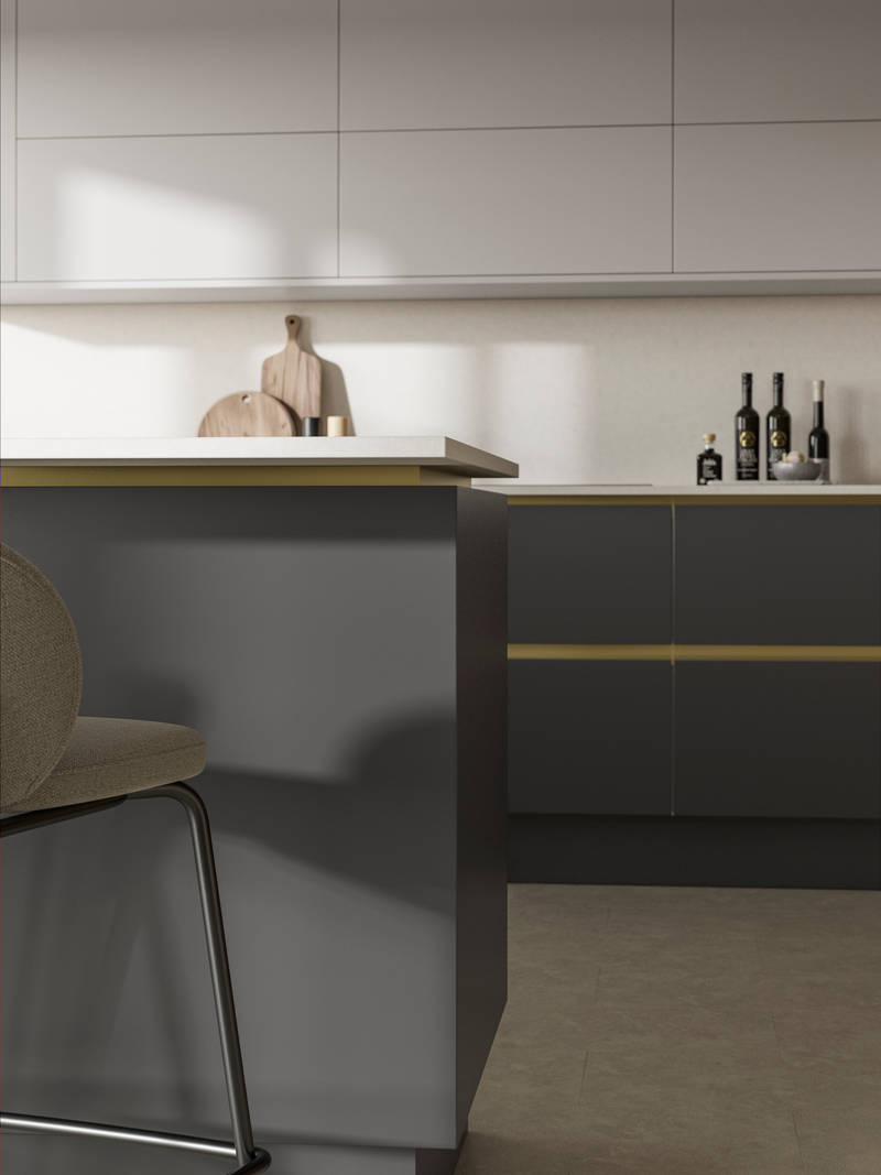 Modern and minimalist Integra Soho Charcoal kitchen, a frameless slab door with integrated handles in a smooth paint finish.