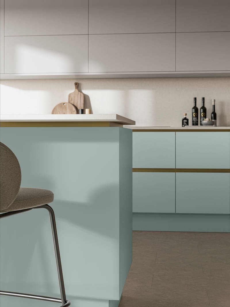 Modern and minimalist Integra Soho Sky kitchen, a frameless slab door with integrated handles in a smooth paint finish.