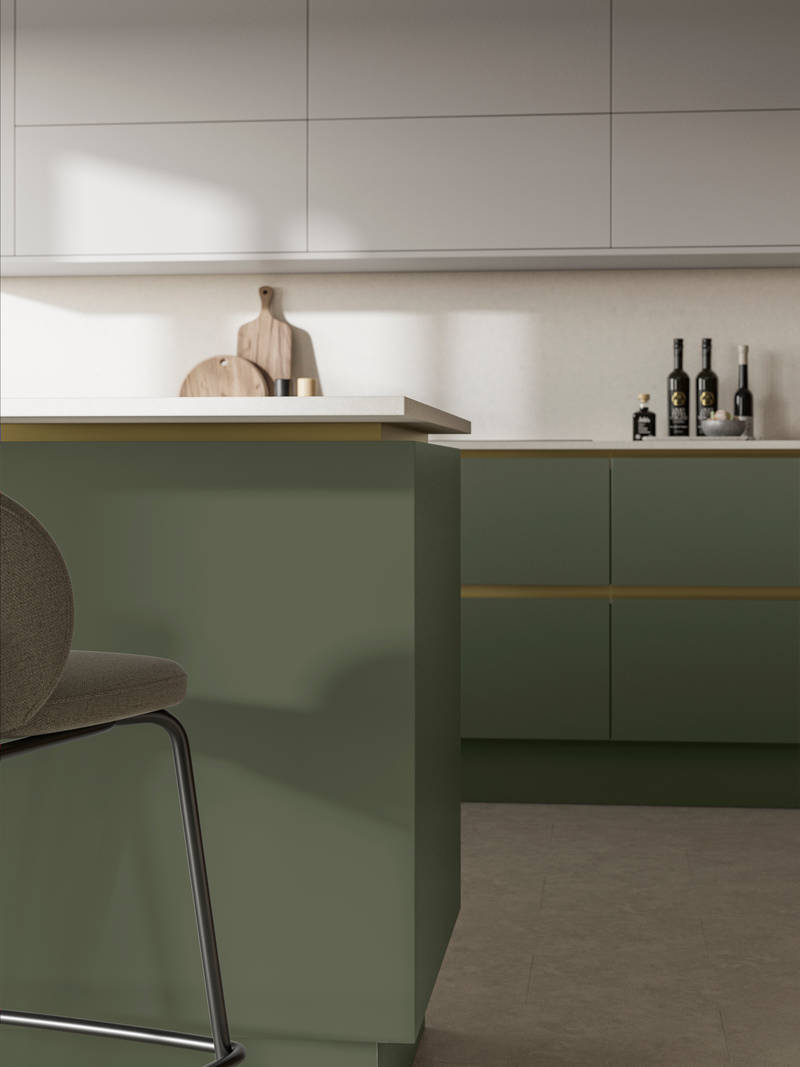 Modern and minimalist Integra Soho Thyme kitchen, a frameless slab door with integrated handles in a smooth paint finish.