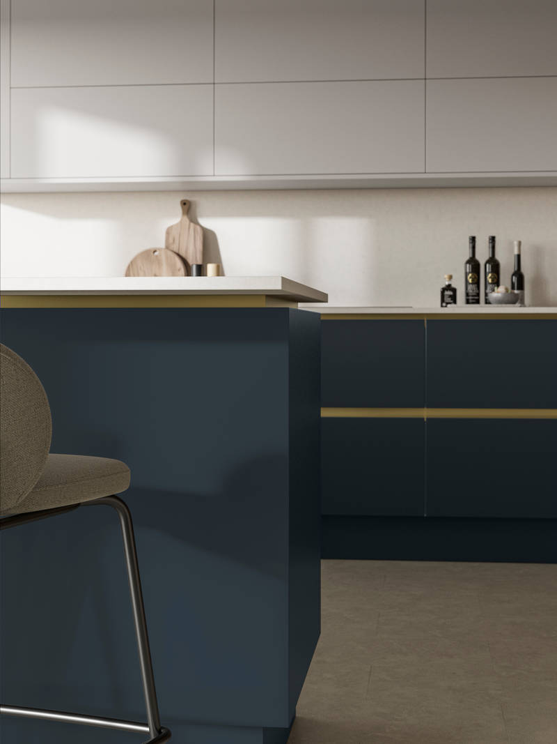 Modern and minimalist Integra Soho Voyage Blue kitchen, a frameless slab door with integrated handles in a smooth paint finish.