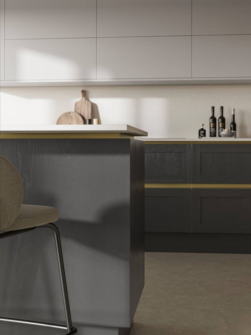 Handleless Shaker kitchen Integra Wardley Charcoal is traditional and contemporary with its narrow frame door with integrated handles and a painted timber finish.