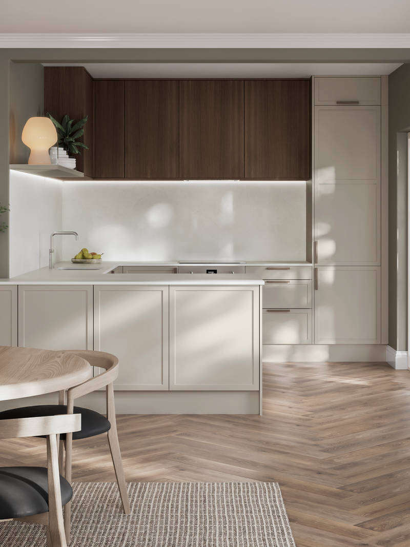 Modern Shaker kitchen Brunswick in light shade Limestone with Nordic Oak wall cabinets,combination of handleless fronts and oak handles, worktop and matching splashback in Silestone quartz Nolita, open plan living room layout with light wood dining table and sideboard.