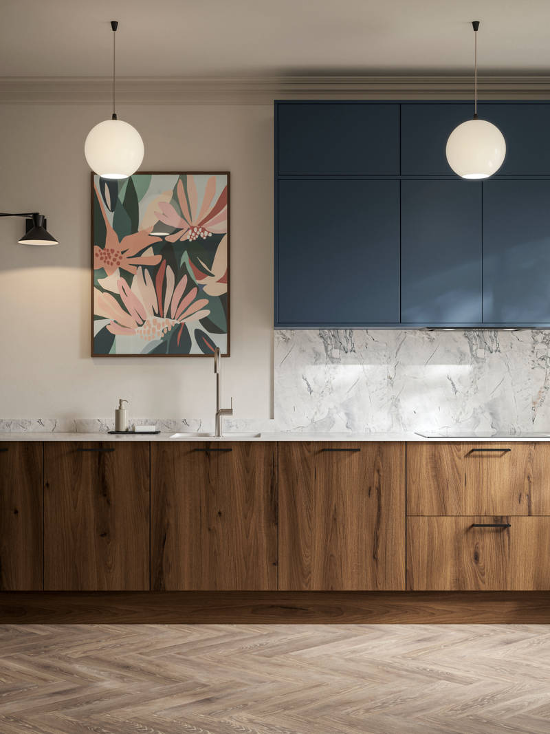 Contemporary Ascoli Mineral Blue tall cabinets and wall cabinets over Portobello Umbra kitchen cabinets with marbled compact laminate worktop, black handles and Amtico smouldered oak herringbone flooring.