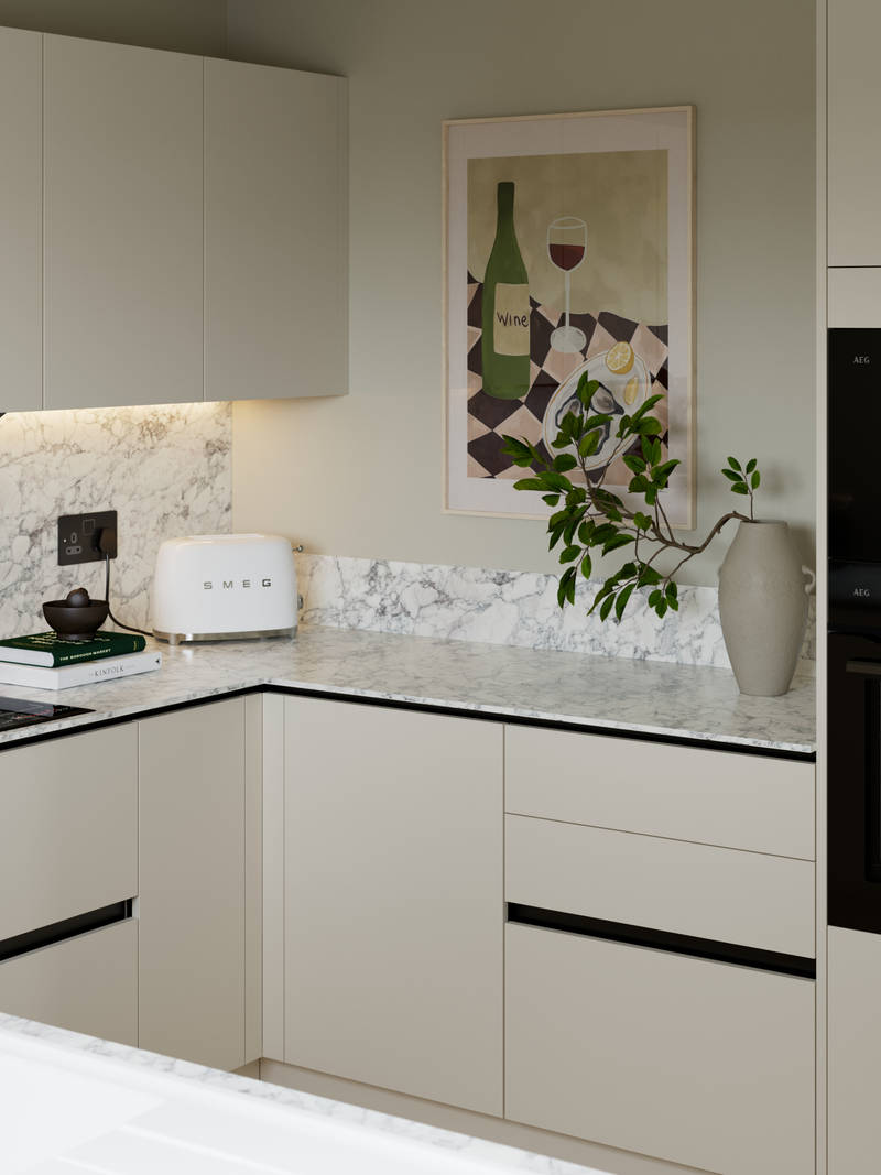 Light neutral shade fluted kitchen  with integrated appliances, white and grey marble worktop and upstand.