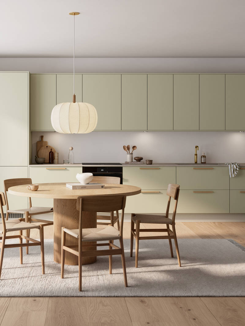 Mat og silkeblødt laminatkøkken Cover i Soft laminat med køkkenø fra INVITA med et seamless udtryck i farve Mos, vitrineskabe