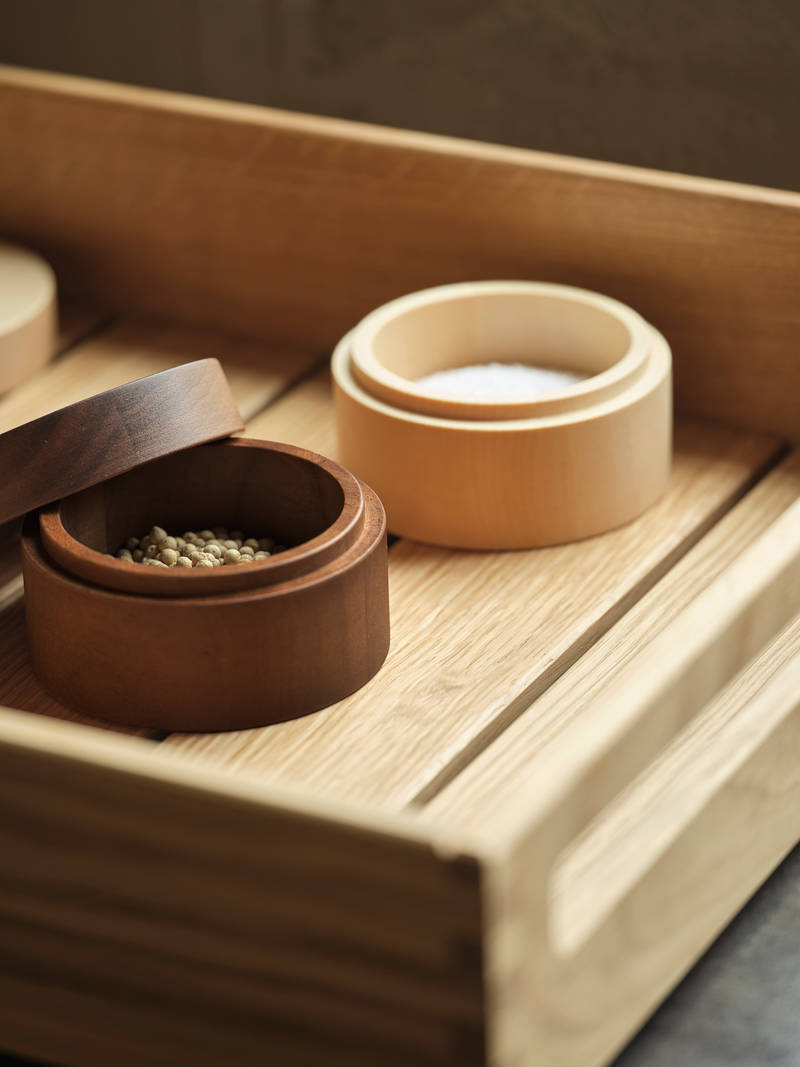 Handcrafted serving tray in solid oak with salt and pepper set.