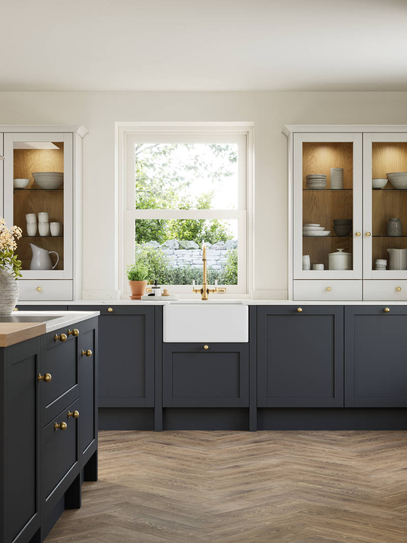 Contemporary Shaker kitchen island Ambleside from Magnet in deep blue shade Lake with beige tall cabinets, herringbone wood flooring and wood diningroom table